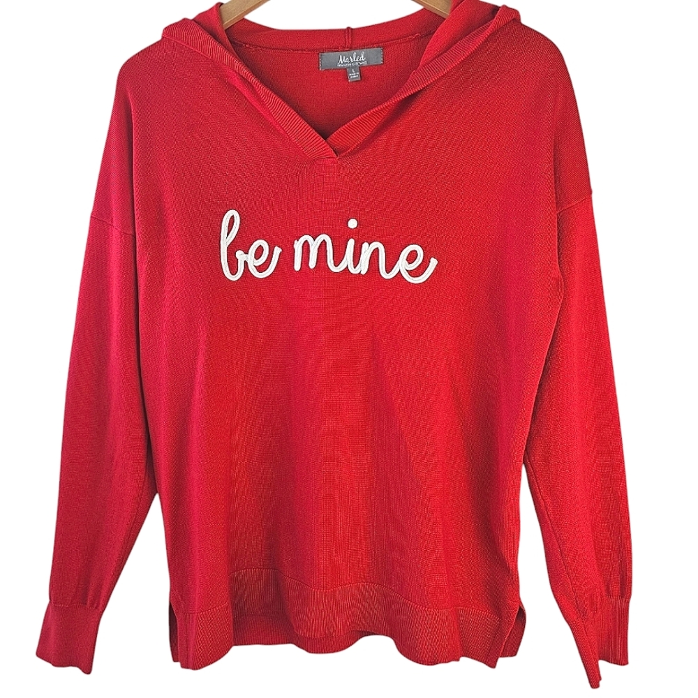 MARLED Red "Be Mine" Rope Lettered Hooded Knit Sweater Tunic Size L